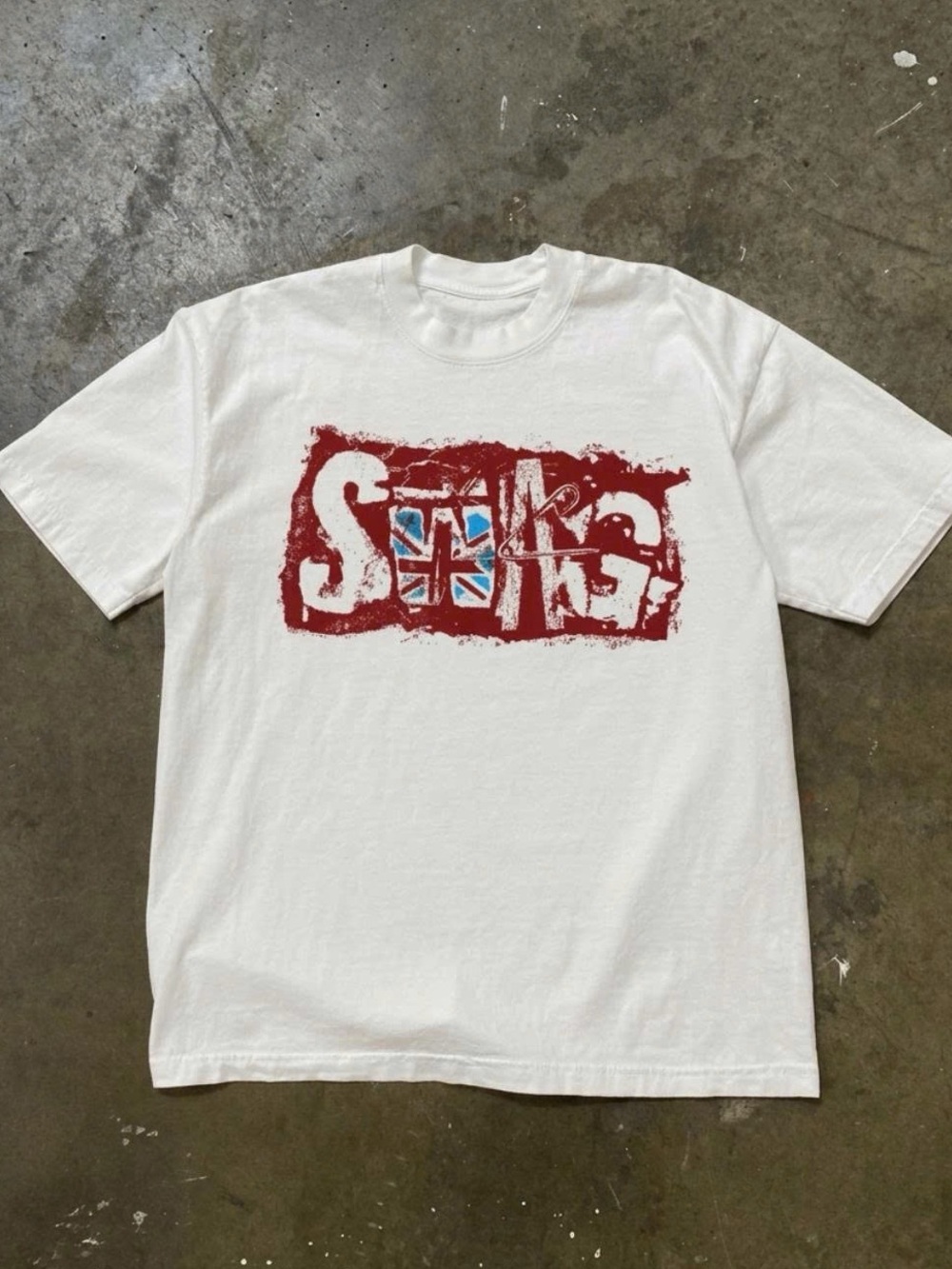 White Short-Sleeve Graphic Tee with Red Union Jack Motif